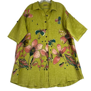 Beyond Capri Button Up Tunic Shirt Women's One Size Green Floral Summer Linen